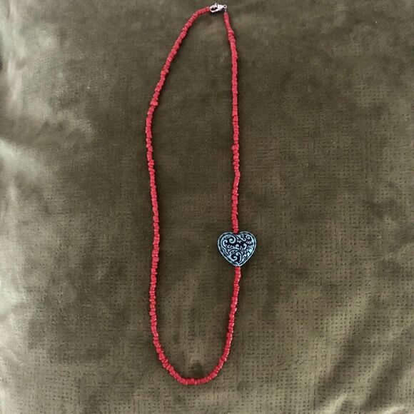 Vintage Zuni Beaded Necklace Red Seed Glass Beads Blue Heart Beads - Picture 3 of 5